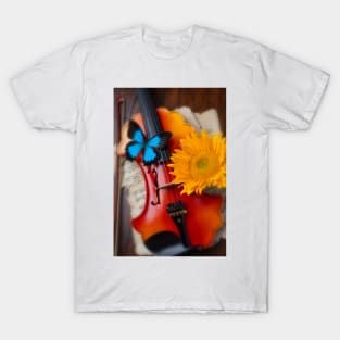 Blue Butterfly On Baroque Violin With Sunflower T-Shirt